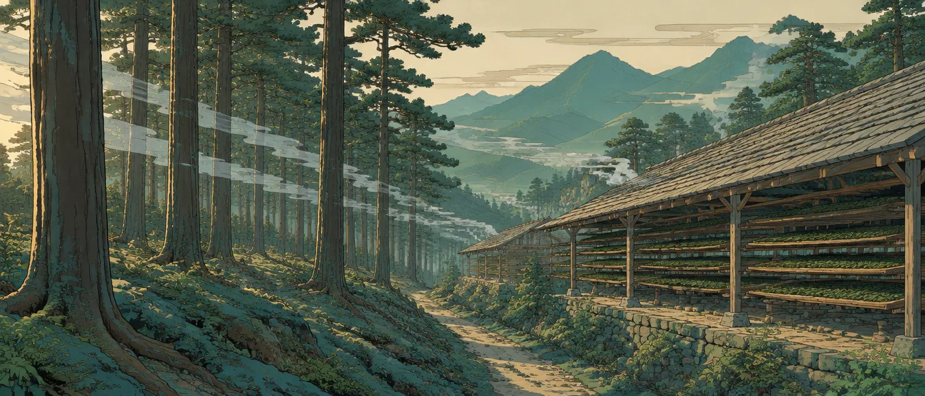 Hutan pinus Smokepine Wood dengan rak pengering teh beratap sirap dan asap tipis di antara batang.