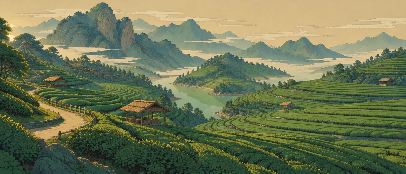 Teras kebun teh bertingkat di Wetleaf Vale, kabut di cekungan dan sungai hijau yang berkelok.